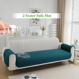 HOKIPO Blue 3 Pieces Quilted Waterproof 2 Seater Sofa Cover With Arms & Pockets-image-52