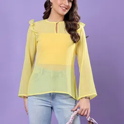 Cation Women Print Keyhole Neck Flared Sleeve Chiffon Tube Top-image-55