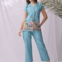 BEYOND ETHNIC Embroidred Pure Cotton V-Neck Top & Trousers Co-Ords Set-image-96