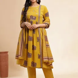 Vbuyz Ethnic Motifs Printed Pleated Pure Cotton A-Line Kurta With Trouser And Dupatta-1