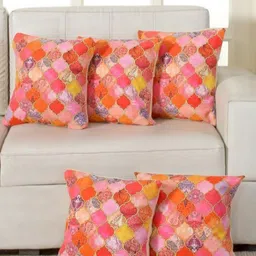 Shadowkart Pink & Yellow 5 Pieces Ethnic Motifs Printed Velvet Square Cushion Covers-23