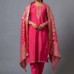 KALINI Floral Embroidered Sequinned Chanderi Silk Kurta With Trousers & Dupatta-6