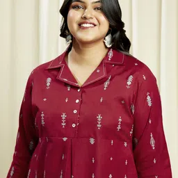 Globus Gloplus Notch Lapel Ethnic Print Button Down Plus Size A-Line Midi Dress image 5