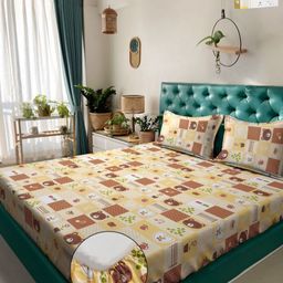 KLOTTHE Yellow Printed 400 TC Pure Cotton Fitted Double King Bedsheet & 2 Pillow Covers-image-20