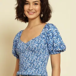 CORSICA Floral Print Sweetheart Neck Smocked Crepe Crop Top-picture-1