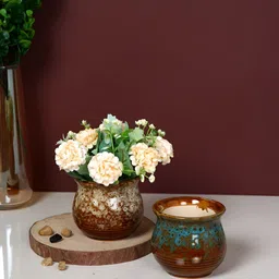 TAYHAA Brown & Blue 2 Pieces Rustic Glaze Printed Ceramic Planters-20