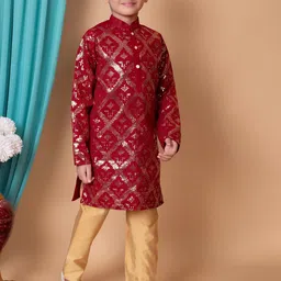 NFC CREATION Boys Ethnic Motifs Embroidered Regular Sequinned Dupion Silk Kurta with Pyjamas image 3