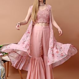 Glomee Floral Embroidered Top With Sharara & Shrug-picture-7