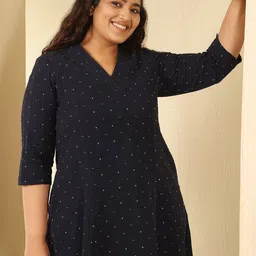 Amydus Women Plus Size Navy Blue Dobby Weave Cotton Midi Dress-picture-3