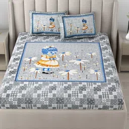BED-SHEET.COM Blue & Grey Floral Printed Cotton 180 TC King Bedsheet Set 2.28 m x 2.74 m-56