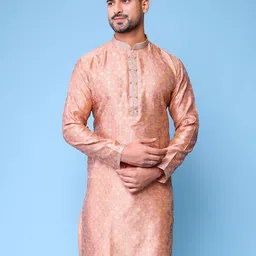 AURIK Men Geometric Woven Design Mandarin Collar Silk Straight Kurta-picture-10