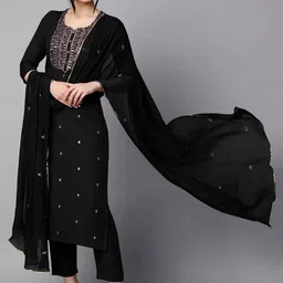DIVASTRI Floral Embroidered Notch Neck Sequinned Straight Kurta With Trousers And Dupatta-picture-54