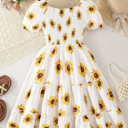 White World Girls Floral Printed Fit & Flare Maxi Cotton Dress-image-26