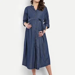 Mammas Maternity Women V- Collar Maternity Shirt Midi Dress-image-14