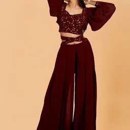 PARROT CREATION Floral Embroidered Sweetheart Neck Crop Top With Palazzo-picture-58