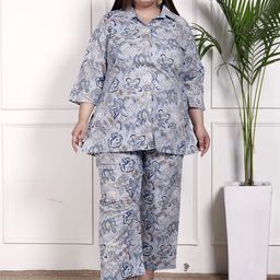 Swasti Plus Size Floral Printed Shirt Collar Pure Cotton Tunic With Trousers-picture-18