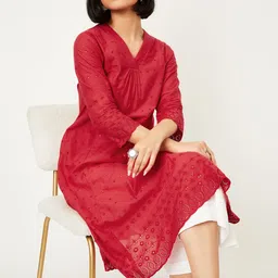 max Pleated V-Neck Pure Cotton A-Line Kurta-picture-34