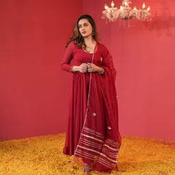 GoSriKi Anarkali Scoop Neck Kurta With Trousers And Dupatta-image-38