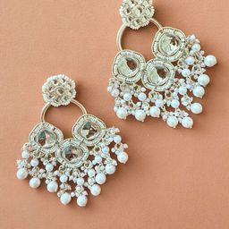 Sangria Silver Plated Pearls Stone Studded & Kundan Beaded Contemporary Drop Earrings-2