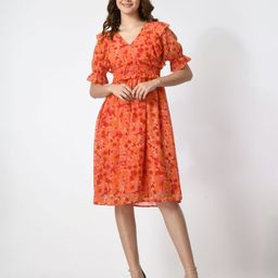 Fuchsia Women V-Neck Floral Printed Puff Sleeve Fit & Flare Dress-image-87