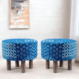 Ikiriya 2-Pcs Blue & White Printed Wooden Round Ottomans-image-13