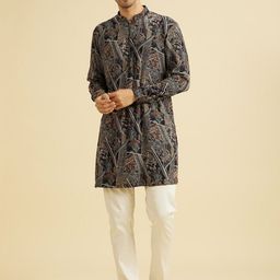 Manyavar Woven Design Mandarin Collar Raw Silk Kurta-31