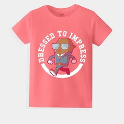 KAVEE Pure Cotton Half Sleeves Dresses To Impress Text Printed Bio Washed Tee -Peach-17