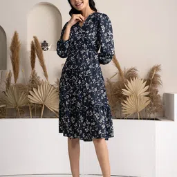 AASK Floral Printed Puff Sleeve Fit & Flare Dress-image-55