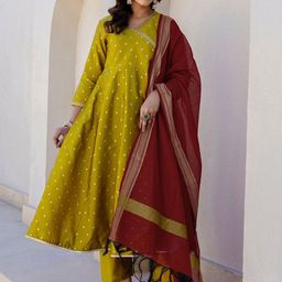 SANISA Geometric Printed Thread Work V-Neck A-Line Kurta With Trousers And Dupatta-0