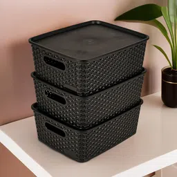 Kuber Industries Black 3 Pieces Checked Reusable Tote Basket Organisers-image-99