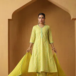 Khushal K Geometric Printed Pure Cotton Straight Kurta With Palazzo And Dupatta-picture-46