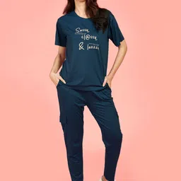 PASTEL CLIP Typography Printed Round Neck T-Shirt With Trousers Co-Ords-image-95
