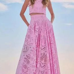 miss mosa by akanksha Alamode By Akanksha High Neck Pure Cotton Celine Eyelet Top With Skirt Co-Ords-picture-22