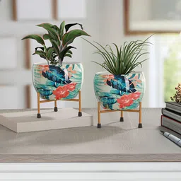 Homspurts 2-Pcs Blue & Red Textured Ceramic Planters-14