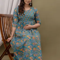 mad fury Women Floral Printed Maternity Cotton Fit and Flare Midi Dress-65