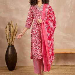 House of Pataudi Women Ethnic Motifs Printed Pure Cotton Kurta with Trousers & Dupatta-picture-45