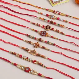 Sangria Set Of 10 Artificial Stones Studded & Beaded Thread Rakhis With Roli Chawal-16