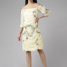 BAESD Floral Print Off-Shoulder Puff Sleeve Georgette A-Line Dress-picture-20