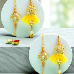 ADIVA Set Of 2 Sones Studded & Beaded Bhaiya Bhabhi Rakhis Roli Chawal & Greetings Card-image-10