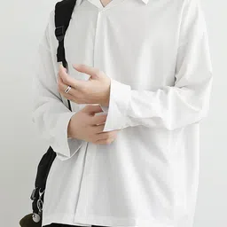 HERE&NOW Spread Collar Relaxed Fit Cotton Shirt-image-64