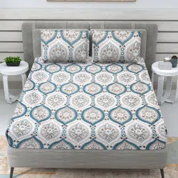 RRC White & Blue Floral Printed Microfiber Cotton 144 TC Queen Bedsheet Set 1.82 m x 1.98m-image-93