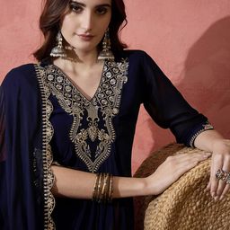 Sangria Floral Yoke Design Pleated Sequinned A-Line Kurta With Trouser & Dupatta image 3