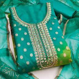 SHADOW & SAINING Floral Woven Design Beads & Stones Organza Semi-Stitched Dress Material-image-55