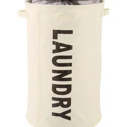 HOKIPO Cream-Colored Printed Laundry Basket With Wheels-3
