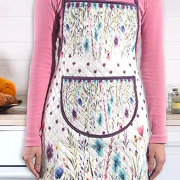 Kuber Industries White & Purple Floral-Printed Velvet Quilted Chef Apron With Pocket-26
