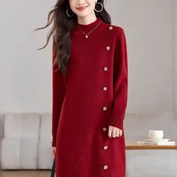 HERE&NOW Women Red High Neck Shift Dress-picture-21