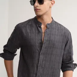 HIGHLANDER Men Band Collar Textured Cotton Casual Shirt-image-17