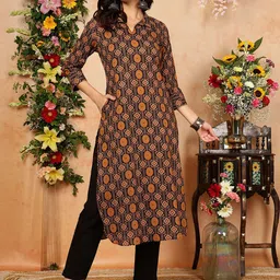 KIMAYRA Ethnic Motifs Printed Shirt Collar Straight Kurta-picture-22