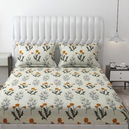 MallowWorld Green & Orange Floral 200 TC King Bedsheet with 2 Pillow Covers-image-21