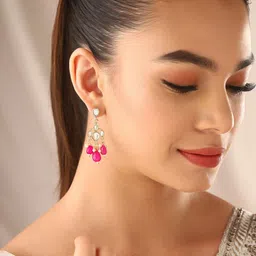Priyaasi Gold Plated Contemporary Kundan Stone Studded & Beaded Drop Earrings-14